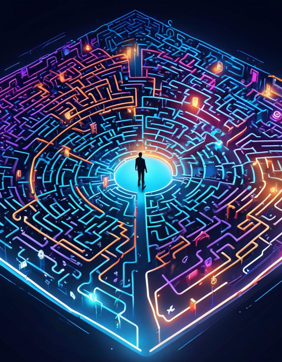 An abstract representation of a person navigating through a maze of insurance claims and premium documents, with paths illuminated by glowing arrows representing support and guidance; policyholders interacting with friendly virtual assistants, surrounded by icons of insurance policies, calculators, and charts. super-realistic. vibrant colors. minimalistic background.