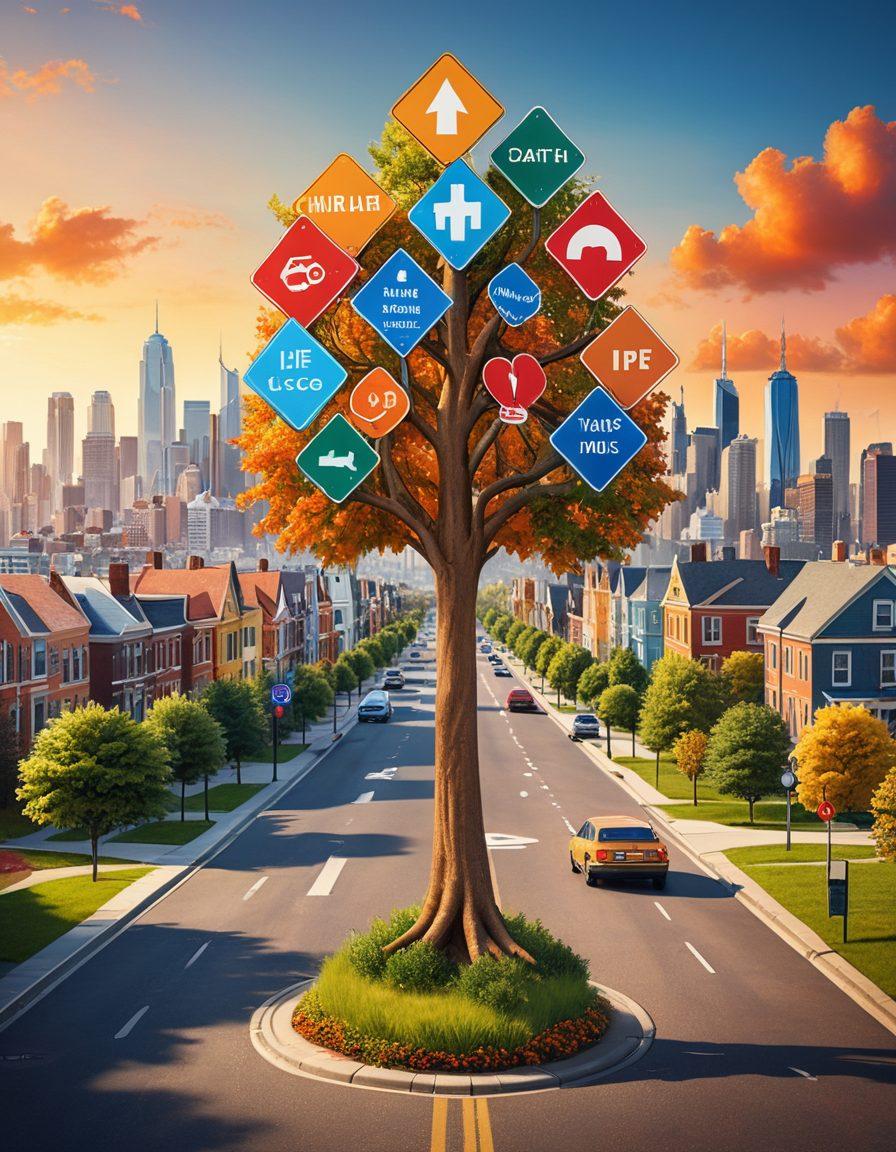 A person at a crossroads, surrounded by signs pointing to various insurance options like 'Health', 'Auto', 'Home', and 'Life', with an open insurance policy in hand. In the background, a city skyline represents diverse life scenarios while the foreground features a tree symbolizing growth and stability. The scene is filled with warm, inviting colors to evoke a sense of security and choice. super-realistic. vibrant colors. 3D.