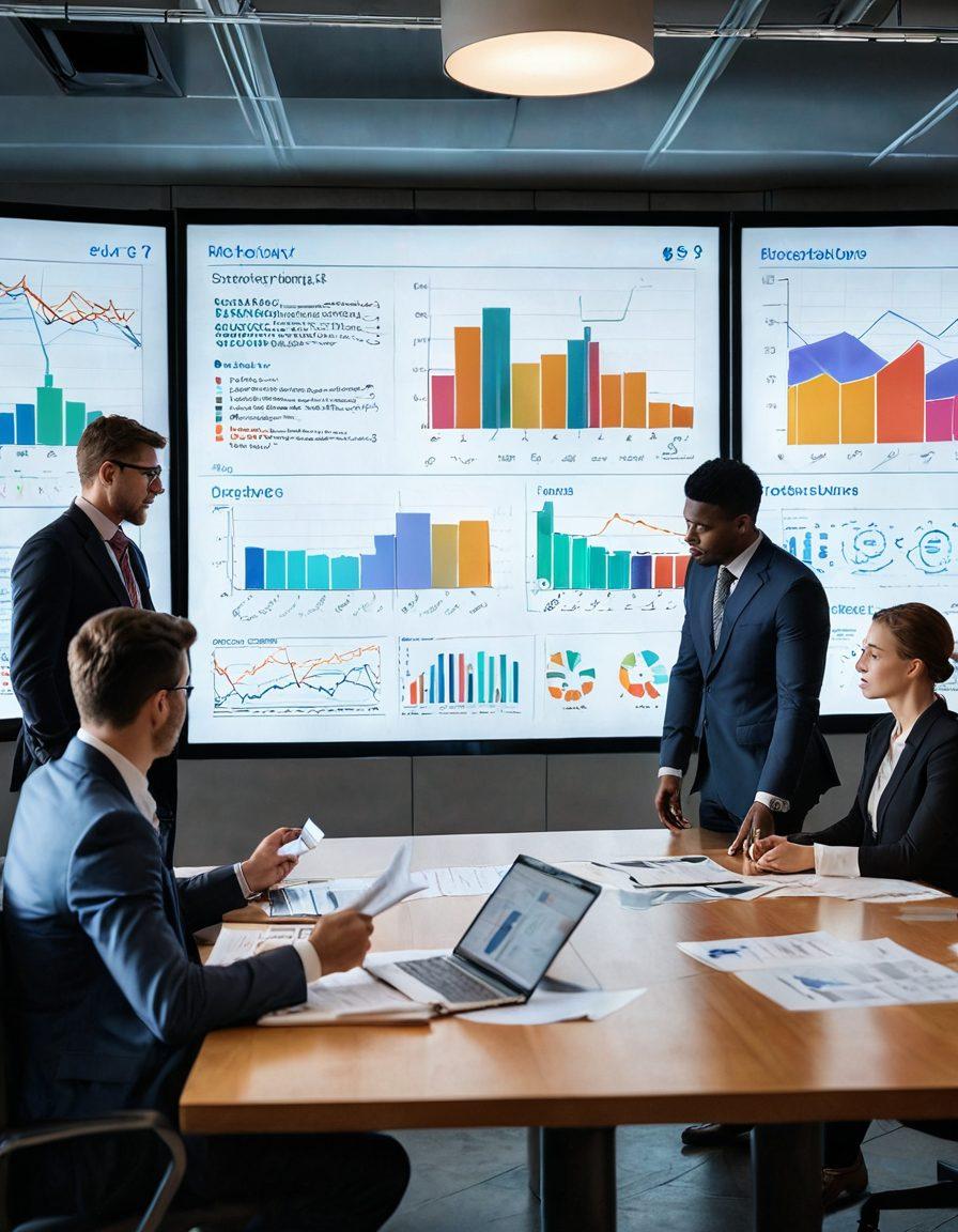 A dynamic scene showcasing a diverse group of professionals engaged in a brainstorming session around a large table filled with documents and graphs. One individual is presenting a risk management strategy on a digital screen, while others discuss passionately. The backdrop features charts illustrating fluctuations in risk, with a city skyline visible through large windows. The atmosphere conveys a sense of collaboration and innovation. super-realistic. vibrant colors. soft-focus background.